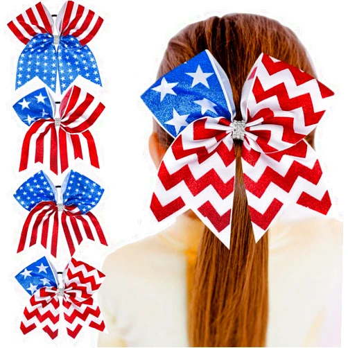 Nishine 4 pcs 8inch Girls American Flag Glitter Ribbon Cheer Hair Bows 4th of July Independence Day Ponytail Holder Hair Ties (Type A-4 pcs)
