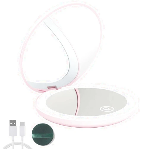 Kilobey Compact Mirror, LED Lighted Travel Makeup Mirror 1x/10x Magnifying Rechargeable Pocket Mirror. (Pink 1pc)