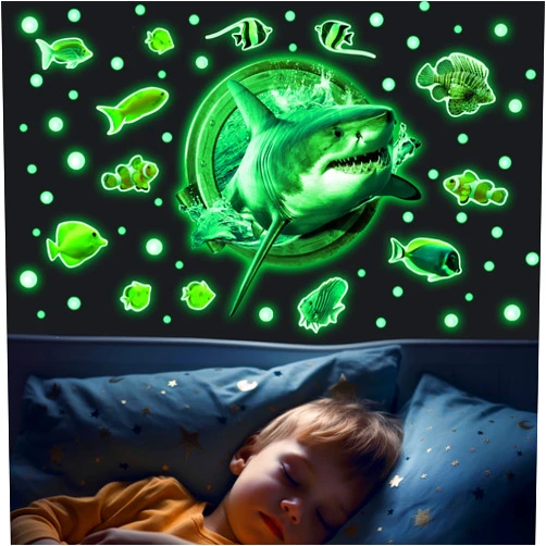 Robmoda 3D Shark Fish Wall Stickers Glow in The Dark, Ocean Animals World Removable Decals for Kids Room Decor, Under The Sea Vinyl Stickers for Ceiling (Green)