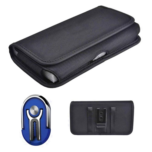 Wireless Accessories Pouch Case Compatible for Blu View 1 Horizontal Canvas Holster with Belt Clip Loop + 3in1 Car Mount Phone Stand Finger Hoder (3in1 Ring Navy +Pouch Case)
