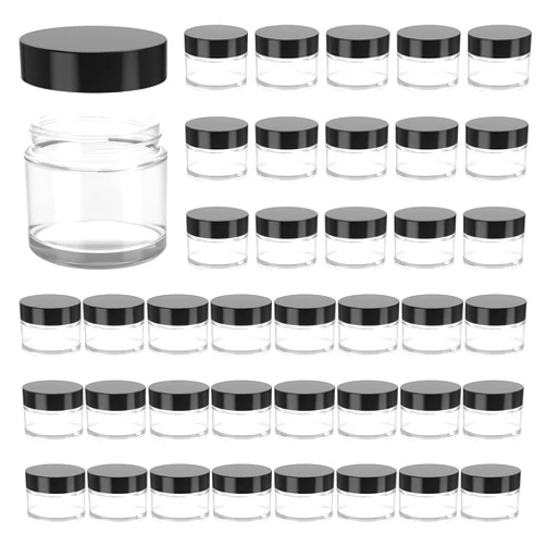 11 Hoa Kinh 2oz Jars with Lids, HOA Kinh 40 Pack Clear Glass Jars with Lids Empty Cosmetic Containers Round Airtight Glass Jar with Black Lids for Storing Lotions Powders Ointments