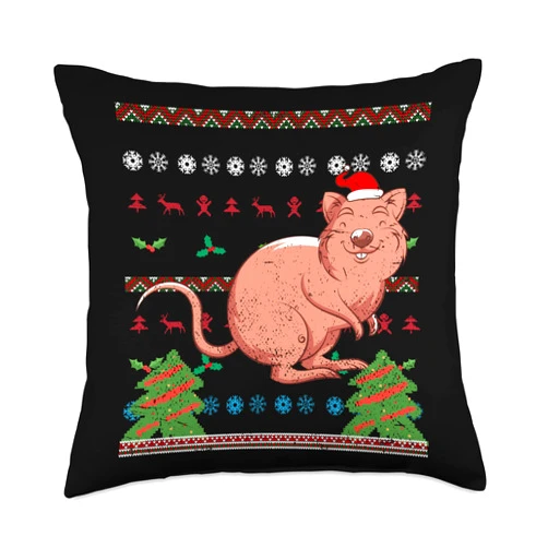 Animal Lover Ugly Christmas Gift Idea Australia Animal Ugly Christmas Cute Xmas Aussie Quokka Throw Pillow, 18x18, Multicolor