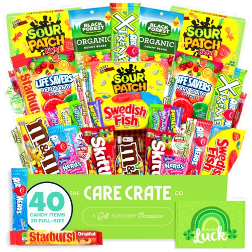 The Care Crate Co. St. Patrick's Day Candy Snack Box (40 Full Size Variety Gift Basket Care Package) M&Ms, Starburst, Swedish Fish, Skittles, Chocolate, Gummy Bears & More - The Care Crate Co.