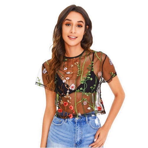 SweatyRocks Women Sheer Mesh Crop Tops Floral Embroided See Throught Short Sleeve T Shirt Blouse