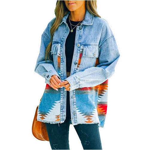 Mannjin Womens Aztec Denim Jacket Floral Print Contrast Jean Coat Vintage Distressed Shirts Shacket Western Wear Clothes