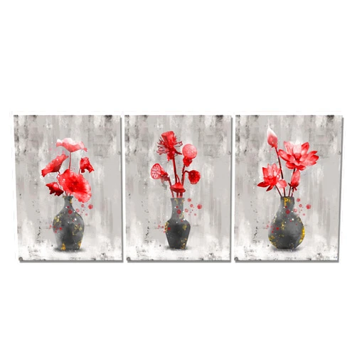 Kalormore 3 Pieces Lotus Flower Canvas Wall Art Vintage Red Floral Picture Framed Ready to Hang