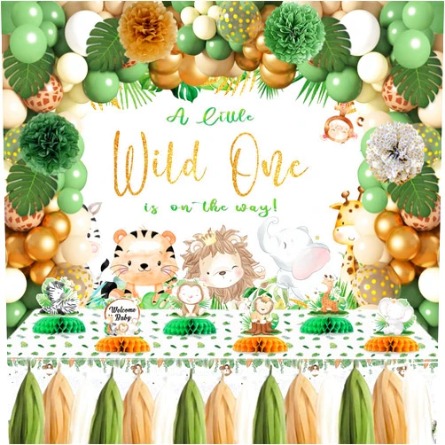 YHFNDIYS Safari Baby Shower Decorations for Boy Girl, Jungle Wild Animals Baby Shower Decorations Party Supplies with Jungle Animals Honeycomb Centerpieces Backdrop Tassel Balloons Arch Kit