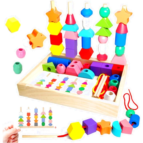 Thothyer Montessori Wooden Beads Sequencing Toy Set, Sorting Stacking Blocks & Lacing Beads & Shape Matching Stacker for 2 3 4 5 Years Kids Preschool Learning Fine Motor Skills Toys Gifts for Toddler Boy Girl