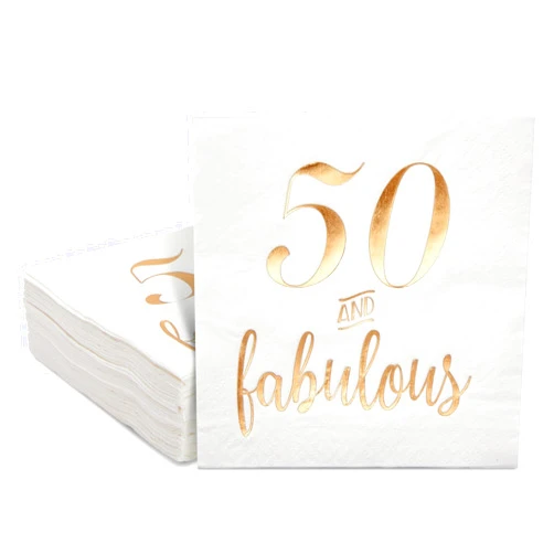 BLUE PANDA 50 Pack White 50th Birthday Napkins, Gold Foil 50 and Fabulous Party Supplies (5x5 In)