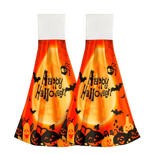 Giwawa Happy Halloween Hanging Kitchen Towels Set of 2 Spooky Pumpkin Bat Hand Tie Towel with Loop Scary Moon Orange Fast Drying Dish Tea Towels for Bathroom Tabletop Home Decor