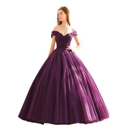 CLcaojun Women's Off Shoulder A Line Ball Gown Long Pleated Heart Neck Evening Dress Elegant Tulle Princess Prom Dresses