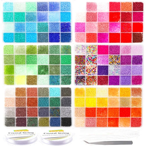 EuTengHao 57600pcs 2mm Glass Seed Beads Small Craft Beads for DIY Bracelet Necklaces Crafting Jewelry Making Supplies with Beading Needles Elastic Strings (144 Colors, 400Pcs Per Color)