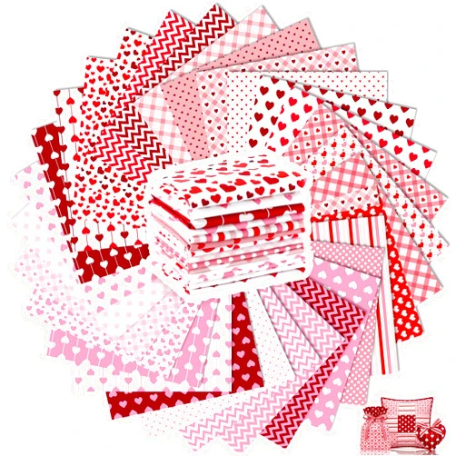 Tatuo 30 Pcs 10 x 10 Inches Valentine Cotton Fabric Bundle Squares Patchwork Pink Heart Fabric Sewing Quilting Bundles Assorted Pattern Cloth for DIY Scrapbook Craft Making