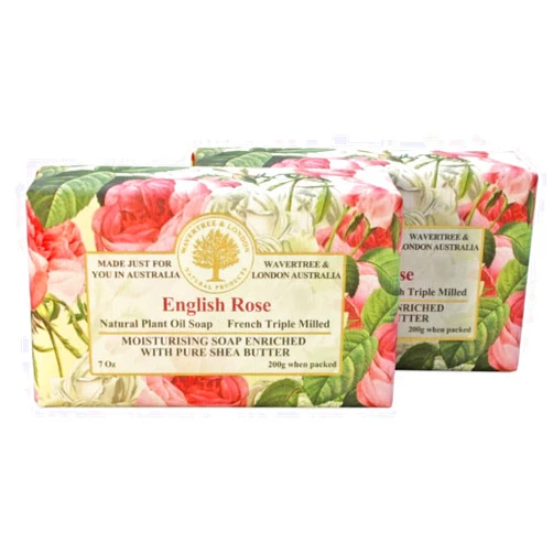 Wavertree & London English Rose Scented Natural Soap (2 Bars), 7oz Moisturizing French Triple Milled Soap Bars enriched with shea butter - Pure Plant Oil Bath & Body Soap for All Skin Types