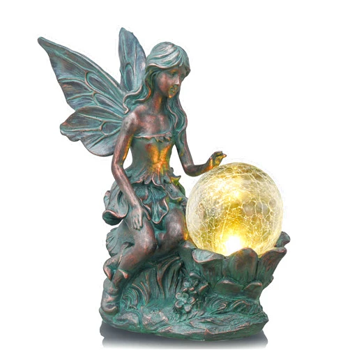TERESA'S COLLECTIONS Fairy Garden Statues with Solar Outdoor Light for Outdoor Decor, Fairy Valentines Decorations Garden Decor Resin Sculptures with Crackle Glass Globe,Gifts for Mom Yard Decor,11.8