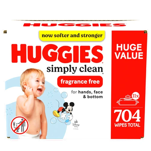 Huggies Simply Clean Fragrance-Free Baby Wipes, Unscented Diaper Wipes, 11 Flip-Top Packs (704 Wipes Total)