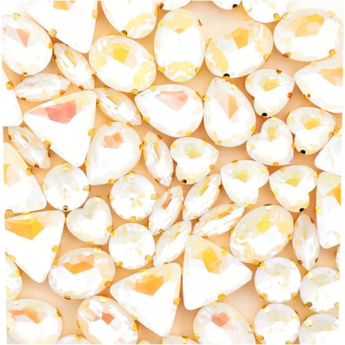 TANOSII Sew on Rhinestones 60 PCS Mixed Shapes Glass Rhinestones Sew on Crystal Gems Mental Flatback with Golden Claw for Jewelry Crafts Clothes Shoes Costume Garment White