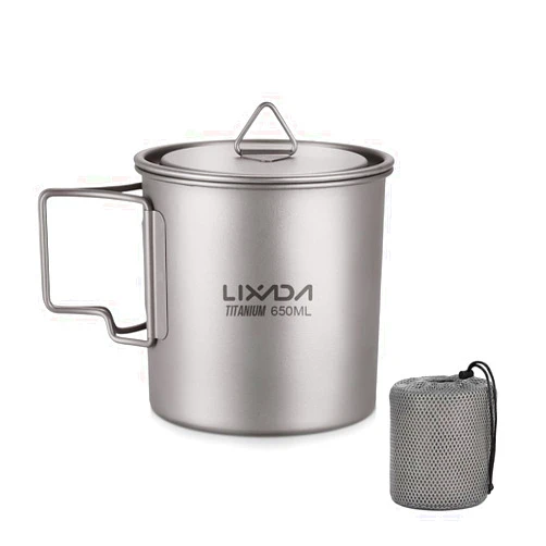 Lixada Titanium Pot, Lightweight Camping Pot Titanium Cup Titanium Backpacking Pot with Portable Foldable Handles for Outdoor Camping Hiking Backpacking