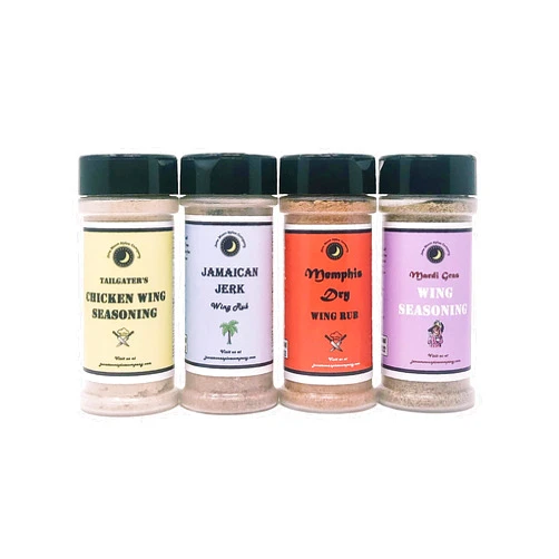 June Moon Spice Company Premium | CHICKEN WING SEASONING Dry Rubs | Variety 4 Pack | Mardi Gras Chicken Wing Seasoning | Memphis Wing Dry Rub Dust | Tailgater's Wing Seasoning | Jamaican Jerk Wing Rub | Large Shakers