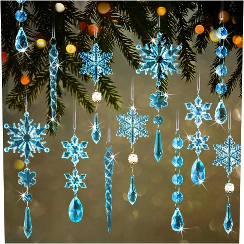 GuassLee 18pcs Crystal Christmas Ornaments for Christmas Tree Decorations- Light Blue Hanging Acrylic Snowflake and Icicle Ornaments with Drop Pendants for Christmas Tree New Year Party Decorations Supplies
