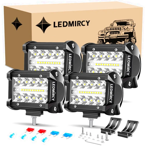 LEDMIRCY 4 Inch LED Pod Lights Spot Flood Combo Beam 4PCS White LED Light Bar Triple Rows Driving Off Road Lights LED Cube Work Lights for Truck Tractor Excavator GMC ATV SUV UTV Boat IP68 Waterproof