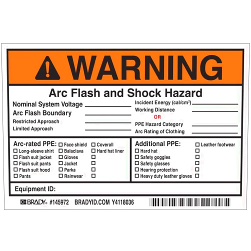 Brady Arc Flash Labels, Adhesive, Vinyl, 4