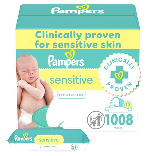 Pampers Baby Wipes, Sensitive, Water Based Wipe, Clinically Proven, Hypoallergenic, and Unscented for Babies, 1008 Wipes Total (12 Flip-Top Packs)
