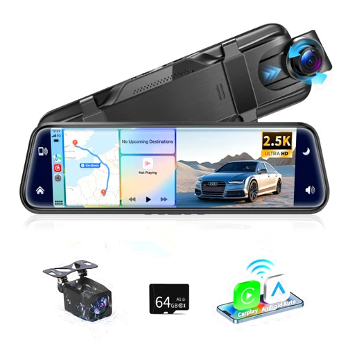 Wellqual 2.5K Mirror Dash Cam Backup with Carplay & Android Auto, 10