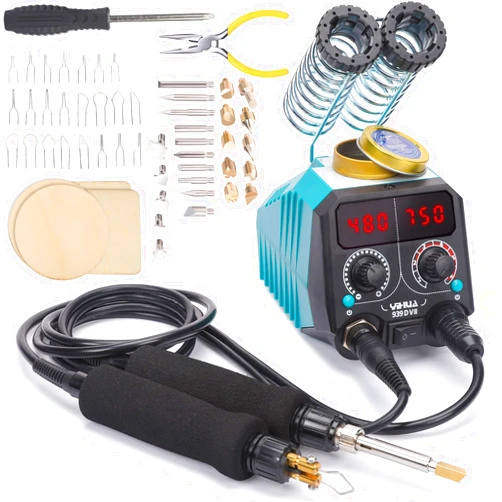 YIHUA 939D-VII Pyrography Tool Wood Burning Pen Kit Station 2-in-1 Solid-Point 200~480°C (with Temp Display)/Wire-Nib 250~750°C with 23 Nibs, 25 Solid Points, 4 Woodpieces