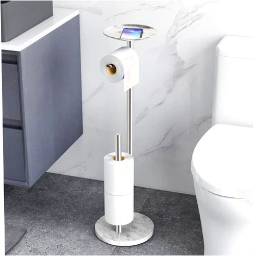 FEILERN Toilet Paper Holder Stand with Marble Base, Toilet Paper Holder Stand Free Standing with Phone Shelf, Large Capacity Bathroom Toilet Paper Stand Reserve for 4 Rolls (Brush Nickel)