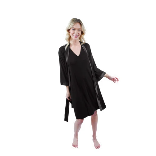 BambooYou Women's Satin Trim Cooling Bamboo Viscose Robes Bride Bridesmaid Kimono V Neck Sleepwear 3/4 Sleeve XS-1X Plus Size