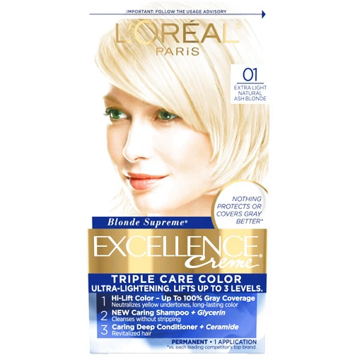 L’Oréal Paris L'Oreal Paris Excellence Creme Permanent Triple Care Hair Color, 01 Extra Light Ash Blonde, Gray Coverage For Up to 8 Weeks, All Hair Types, Pack of 1