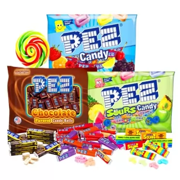Needzo Bulk Pez Candy Refill Rolls, Includes Variety, Limited Edition Chocolate, and Sour 11 Ounce Bags, with Swirl Lollipop Refrigerator Magnet, 3 Pack