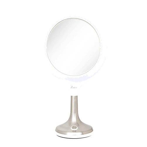 Zadro Solana 9.75 Inch Round LED Ring Light Vanity Counter-Top Mirror, 360 Swivel 7.5 Inch 2 Sided Magnified Glass Mirrors, 6500K 4500K 3200K Smart Dimmer Lamp, Plug in (8X/1X, White/Satin Nickel)