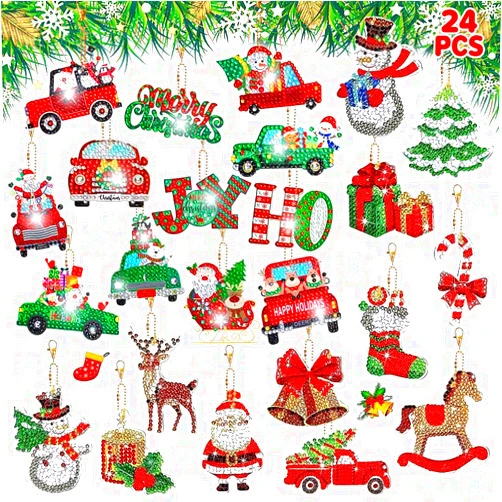 Aignis DIY Christmas Painting Keychain Kit, Diamond Art Mosaic Keychain, Hanging Pendant Decoration, Christmas Decoration, Home Decoration Gift 24pack
