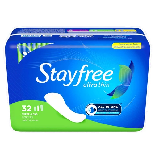 Stayfree Ultra Thin Long Super Pads Without Wings, 32 Count, Multi-Fluid Protection for Up to 8 Hours, with Odor Neutralizer