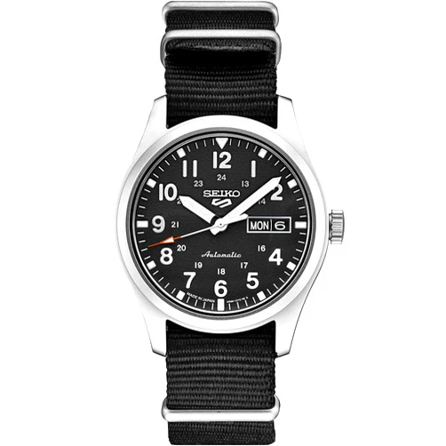 SEIKO SRPG37 Watch for Men - 5 Sports - Automatic with Manual Winding Movement, Black Dial, Stainless Steel Case, Black Nylon Strap, 100m Water Resistant, and Day/Date Display