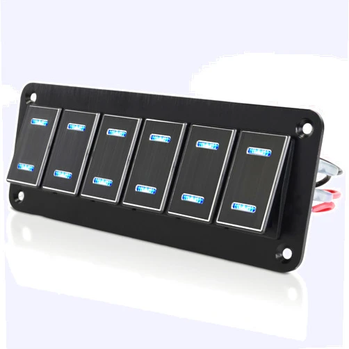 Xhtechnology Waterproof Rocker Switch Panel 6 Gang Aluminum Rocker Switch Panel 12V/24V On-Off 5 Pin Switch Panel Blue LED Light Pre-Wired Switch Panel for Marine Boat Automotive Car RV Truck Jeeps UTV Vehicles