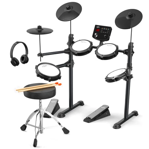 AiJoy Electronic Drum Set for Beginners with 4 Quiet Mesh Pads, 2 Cymbals w/Choke, 200+ Sounds, USB MIDI, Includes Throne, Sticks & Headphones, Perfect Kit for Kids & Gifts