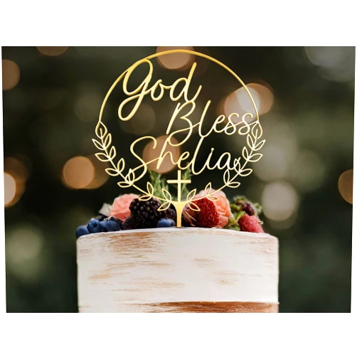DesignLEE Studio Personalized First Holy Communion Baptism Cake Topper With Wreath Custom Christening Cake Topper Boho Floral God Bless Cake Topper