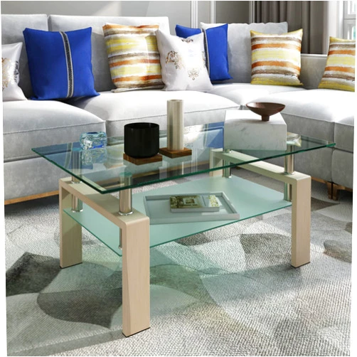 POULEII Rectangle Oak Glass Coffee Table,Clear Coffee Table,Modern Side Center Tables for Living Room.