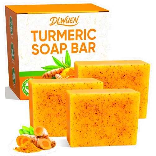 DLWUEN 3 Packs Turmeric Soap Bar for Face & Body Cleanser, Organic Lemon Turmeric Soap with Vitamin C, Gentle Handmade Formula for Smoothing & Moisturizing Skin, Suitable for All Skin Types - 10.59 oz