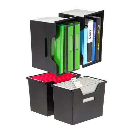 IRIS USA Large Portable Desktop File Box with Open Lid, 4 Pack, Side Handles, Hanging File Folders, Tabs & Inserts, Letter Size, Magazines, Newspapers, Mail, Books, Notebooks, Black