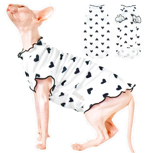 DENTRUN Heart Pattern Sphynx Hairless Cats Shirt, Kitten T-Shirts with Perlin Sleeves, Breathable Cat Wear Cute Sweater Adorable Hairless Cat's Clothes Vest Pajamas Jumpsuit