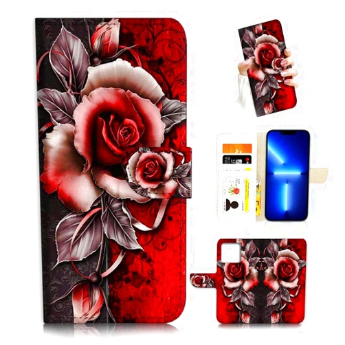 AJOURTEK for iPhone 13 Pro, Art Designed Flip Wallet Style Cover Case Fancy Flower Full Body Protection AD003 (#24878 Red Gothic Rose i13pro)