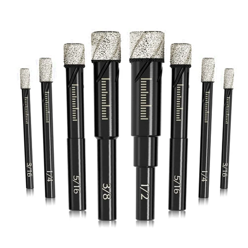 DKIBBITH 8 Pack Diamond Drill Bits Set for Granite Ceramic Marble Tile Stone Glass Hard Materials, Integrated Coolant for Fast Dry Drilling, Size 3/16 1/4 5/16 3/8 1/2 inch Masonry Core Drill Bits, Round Shank