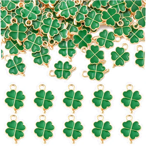 KitBeads 100pcs Green Clover Charms Enamel Shamrock Four Petal Lucky Leaf Pendant Charm for Jewelry Making Bracelets Bulk