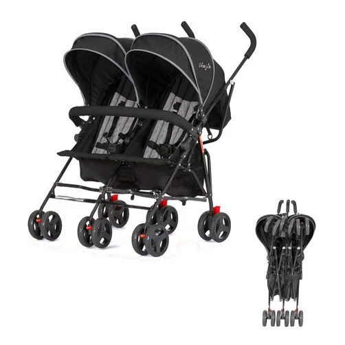Dream On Me Volgo Twin Umbrella Stroller in Black, Lightweight Double Stroller for Infant & Toddler, Compact Easy Fold, Large Storage Basket, Large and Adjustable Canopy