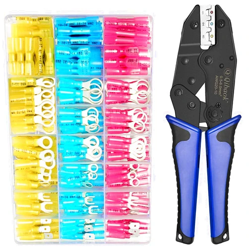 Qibaok Crimping Tool Qibaok Ratcheting Wire Crimper for Heat Shrink Connectors with 250pcs Heat Shrink Wire Connectors for AWG 20-10