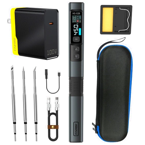 FNIRSI HS-02B 100W Portable Corded Soldering Iron Kit, 2S Fast Heating, 212-842℉, Pre-set 3 Groups Temperature, 3 210 Soldering Tips, Smart Digital Soldering Iron Pen for Electronics Precision Repair